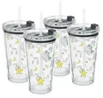 Relaxdays Kindergl&auml;ser 4er Set, Einhorn-Motiv, Trinkglas Kinder, Deckel & Strohhalm,