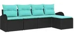 vidaXL Sofa Set mit Kissen 5 pcs Schwarz und T&uuml;rkis Poly-Rattan