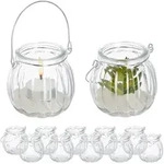 Relaxdays Windlicht Glas, 12er Set, Teelichthalter mit silbernem Henkel, HxD: 7,5 x 8
