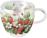 Ambiente Tasse mit Erdbeerbl&uuml;ten Design 10cm Glas doppelwandig - 0,2L Glastasse