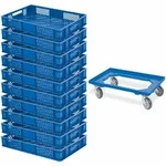 BRB 10x Euroboxen / B&auml;ckerkiste, LxBxH 600x400x90 mm, blau + Transportroller