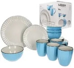 OSITA Hellblau Wei&szlig; 16tlg Kombiservice Steingut 4 Pers. Becher Schalen Teller Relief
