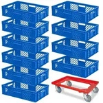 BRB 10 Euroboxen, 600x400x150 mm, blau, lebensmittelecht + Transportroller