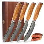 Wakoli 4er Damast Steakmesser-Set I 12,5 cm Klingen I Olivenholzgriffe und