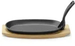 HENDI Gusseisenplatte mit Holzunterlage und Griff, Schwarz, 280x140x(H)30mm