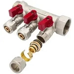Verteiler mit 3 Abg&auml;ngen Kugelhahn Rot MF-1&rdquo; 3 x 16