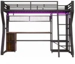 OKWISH Hochbett aus Metall und MDF, Schwarz, 90 x 200 cm, mit Lichtleiste, Steckdose,