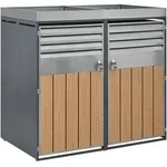 MODFU M&uuml;lltonnenbox aus Stahl in Grau/Holzoptik, abschlie&szlig;bar, 2 separate F&auml;cher