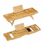 Relaxdays Bambus Badewannenablage & Tablett 2in1, Buchst&uuml;tze, Weinhalter,