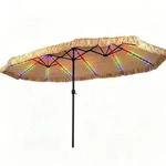 COSTWAY Doppel-Sonnenschirm Solar-LED 450x260cm, PE-Stroh Hawaii, 12 Modi, 2
