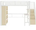 OKWISH Hochbett Metall und MDF Wei&szlig; 140x200 cm mit Schreibtisch, Regalen,