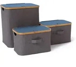 LUMALAND Aufbewahrungsbox mit Bambus-Rahmen Rechteckig hoch - 3er-Set - Grau/Blau