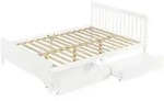 OKWISH Doppelbett Massivholz und MDF Wei&szlig; 207x147x83,5 cm mit 2 Schubladen,