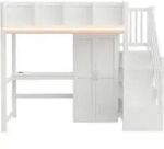 OKWISH Hochbett aus Holz in Wei&szlig;, 90x200 cm, mit Schreibtisch, Kleiderschrank,