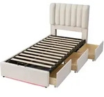 MODFU Polsterbett aus Samt, Beige, 90x200 cm, mit hydraulischem Bettkasten und 3