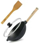 4BIG.fun Wok Bratpfanne &Oslash;26 cm 2,8 L aus Gusseisen mit Holzgriff Glasdeckel...