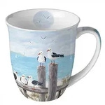 Ambiente Tasse 10cm Porzellan mit M&ouml;wen & Strand Motiv - 0,4L Keramiktasse