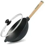 4BIG.fun Wok Bratpfanne &Oslash;24 cm 2,2 L aus Gusseisen mit Holzgriff Glasdeckel...