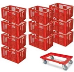 BRB 10 Euroboxen, LxBxH 600x400x320 mm, lebensmittelecht, rot + Transportroller