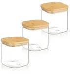 Relaxdays Vorratsgl&auml;ser mit Bambusdeckel, 3er Set, eckige Vorratsdosen aus Glas, 600