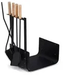 Relaxdays Kaminholzkorb Metall, mit 4 tlg. Kaminbesteck, Schaufel, Besen, Zange &