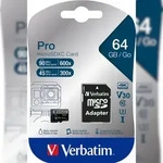 Verbatim microSDXC-Card 64GB, PRO, U3, UHS-I, 4K UHD (R) 90MB/s, (W) 45MB/s, SD