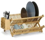 Relaxdays Abtropfgestell CROSS, mit Besteckkorb, HxBxT:24x46x28cm, Bambus, klappbar,