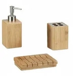 Relaxdays Badaccessoires Bambus, 3-teiliges Badezimmer Set aus Seifenspender,