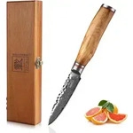 Zayiko Minami Damast Officemesser I 9 cm Klinge I Olivenholzgriff I Holzbox