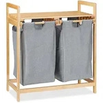 Relaxdays W&auml;schekorb mit Ablage, 2 F&auml;cher, 2x 30 l W&auml;sches&auml;cke, Bambus