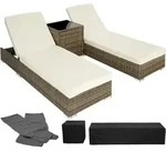 tectake Aluminium Rattan Sonnenliegen Set Nautica - 2er Set mit Tisch - Beige/Grau