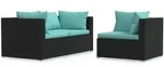 vidaXL 3-tlg. Garten-Lounge-Set mit Kissen Schwarz Poly Rattan