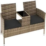 tectake Rattan Gartensitzbank mit Tisch Natur/Dunkelgrau