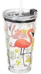 Relaxdays Trinkgl&auml;ser 4er Set, Flamingo-Motiv, Deckel & Strohhalm, 450 ml,