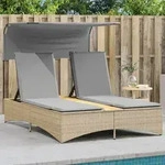 vidaXL Doppel-Sonnenliege mit Dach und Auflagen Beige Poly Rattan
