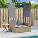 vidaXL Doppel-Sonnenliege mit Dach und Vorh&auml;ngen Beige Poly Rattan