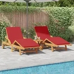 vidaXL Sonnenliegen 2 St&uuml;ck mit Kissen und R&auml;dern Rot Massivholz Akazie