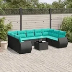 vidaXL 10-teiliges Gartensofa-Set mit Kissen, schwarzes Polyrattan