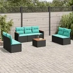 vidaXL 8-teiliges Gartensofa-Set mit Kissen, schwarzes Polyrattan