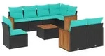 vidaXL 9-teiliges Gartensofa-Set mit Kissen, schwarzes Polyrattan