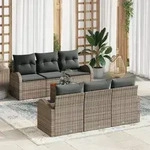 vidaXL 7-tlg. Garten-Sofagarnitur mit Kissen Grau Poly Rattan Akazie