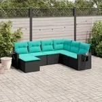 vidaXL 7-teiliges Gartensofa-Set mit Kissen, schwarzes Polyrattan