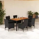 vidaXL 7-tlg. Garten-Essgruppe mit Kissen Schwarz Poly Rattan Akazie
