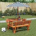 vidaXL Picknicktisch f&uuml;r 4 Kinder mit Sonnenschirm Massivholz Tanne