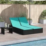 vidaXL Doppel-Sonnenliege mit Kissen Schwarz Poly Rattan