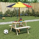 vidaXL Picknicktisch f&uuml;r 4 Kinder mit Sonnenschirm Massivholz Tanne