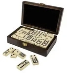 3627 - Domino, Doppel 9, in Box aus Walnussoptik , Brettspiel aus Holz, 1-2 Spieler