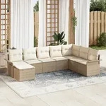 vidaXL 8-tlg. Garten-Sofagarnitur mit Kissen Beige Poly Rattan