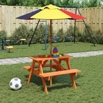 vidaXL Picknicktisch f&uuml;r 4 Kinder mit Sonnenschirm Massivholz Tanne