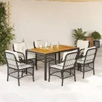vidaXL 7-tlg. Garten-Essgruppe mit Kissen Schwarz Poly Rattan